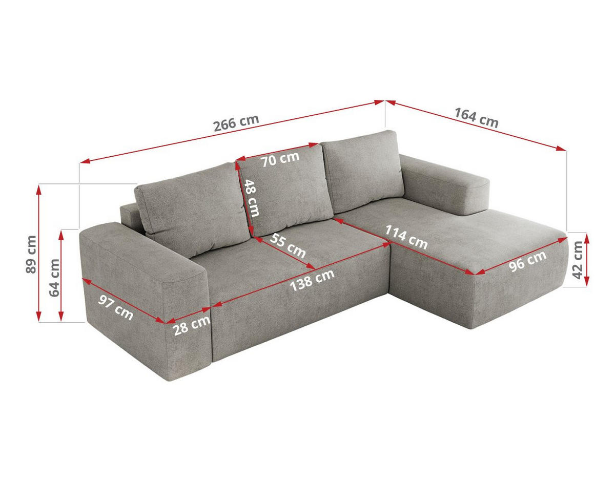 ECKSOFA TRENTINO L Hellgrau Stukture - Links - Hellgrau/Schwarz, Textil (266/164cm) - MKS