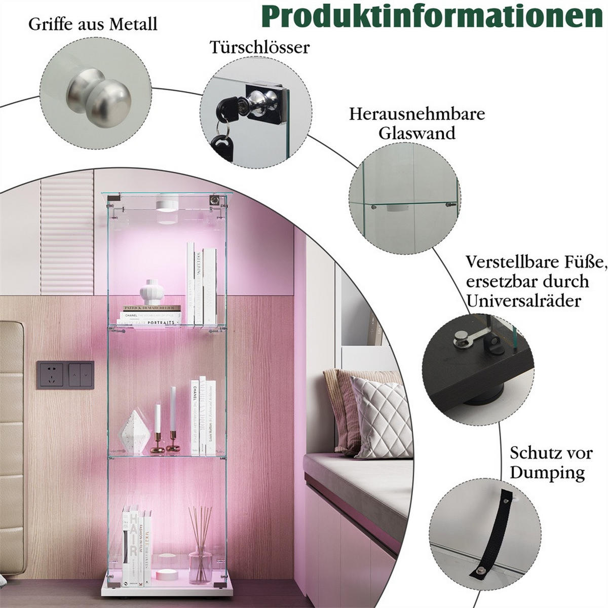 VITRINE - Glasvitrine mit 1 Tür - 3 Ebenen und LED-Beleuchtung - Weißer Boden - Weiß, Glas (39.8/123.3/35cm) - DELFA