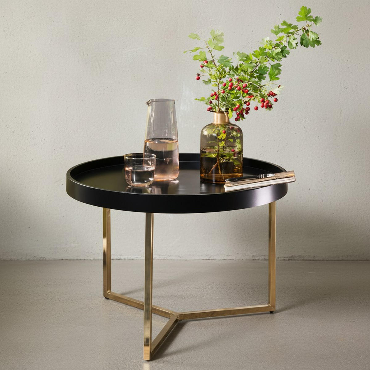 SOFATISCH LIA Rund mit Metallgestell, abnehmbares Tablett und Anti-Rutsch-Noppen, Gold 58 x 58 x 42 cm - Goldfarben, Holz/Metall (58/58/42cm) - KADIMA DESIGN