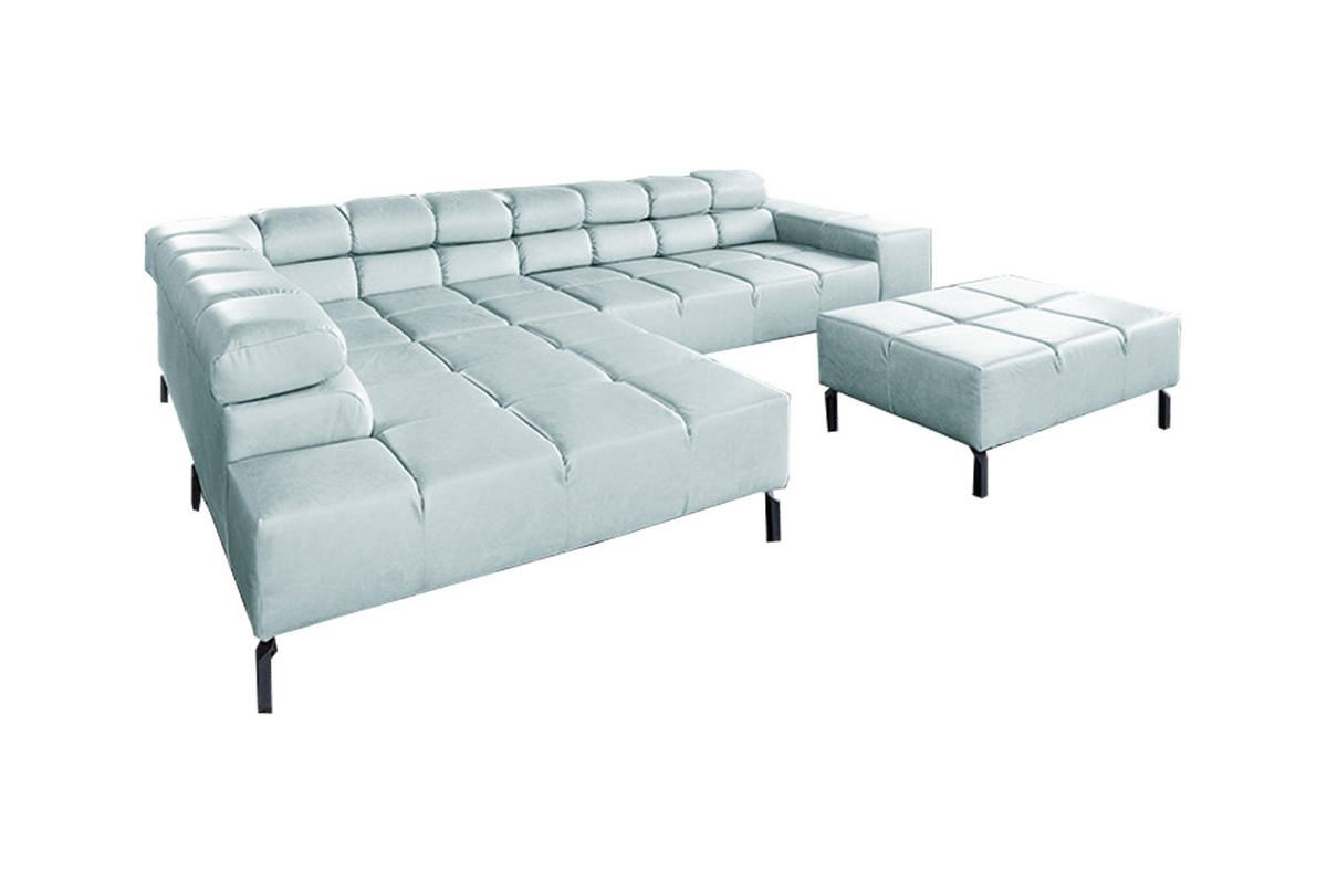 ECKSOFA NELSON Hellblau Leder - Schwarz/Hellblau, Leder/Metall (321/216cm) - KAWOLA