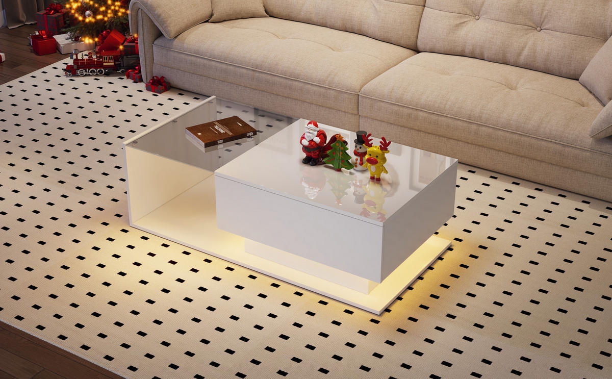 COUCHTISCH, Weiß Hochglanz mit Glas & LED, mit Schublade, 100/50/32 cm,Weiß - Weiß, Holzwerkstoff (100/50/32cm) - Redom