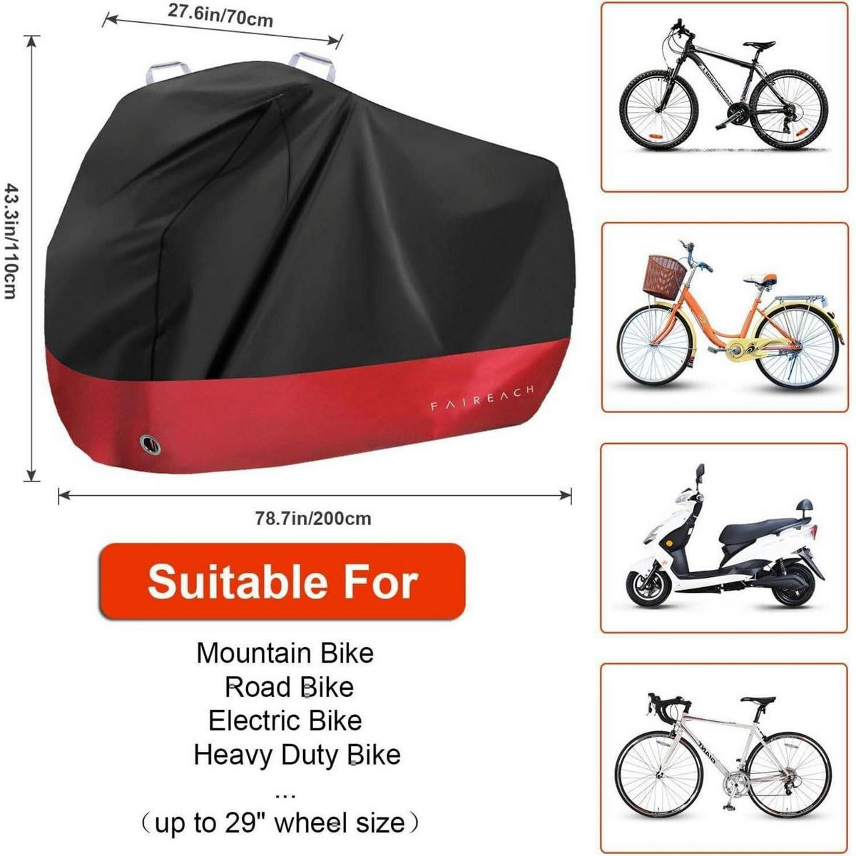 ABDECKPLANE Fahrrad Wasserdicht 200 x 110 x 70 cm Schwarz+Rot - Multicolor, Textil (110/70/200cm)
