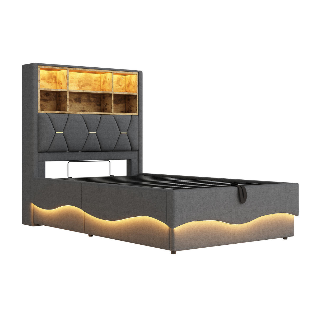 KINDERBETT 90/200 cm mit LED-Beleuchtung, USB und hydraulischem Bettkasten, Leinenpolsterung, Grau - Grau, Metall (90/200cm) - Redom