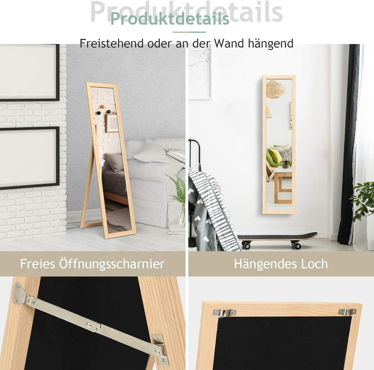 STANDSPIEGEL mit Holzrahmen Holz - Naturfarben, Glas (50/155/37cm) - COSTWAY