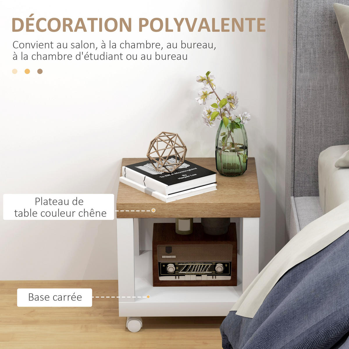 BEISTELLTISCH Naturfarben und Weiß rollbar 40/40/40 cm - Weiß, Holzwerkstoff (40/40/40cm) - PANGIVO