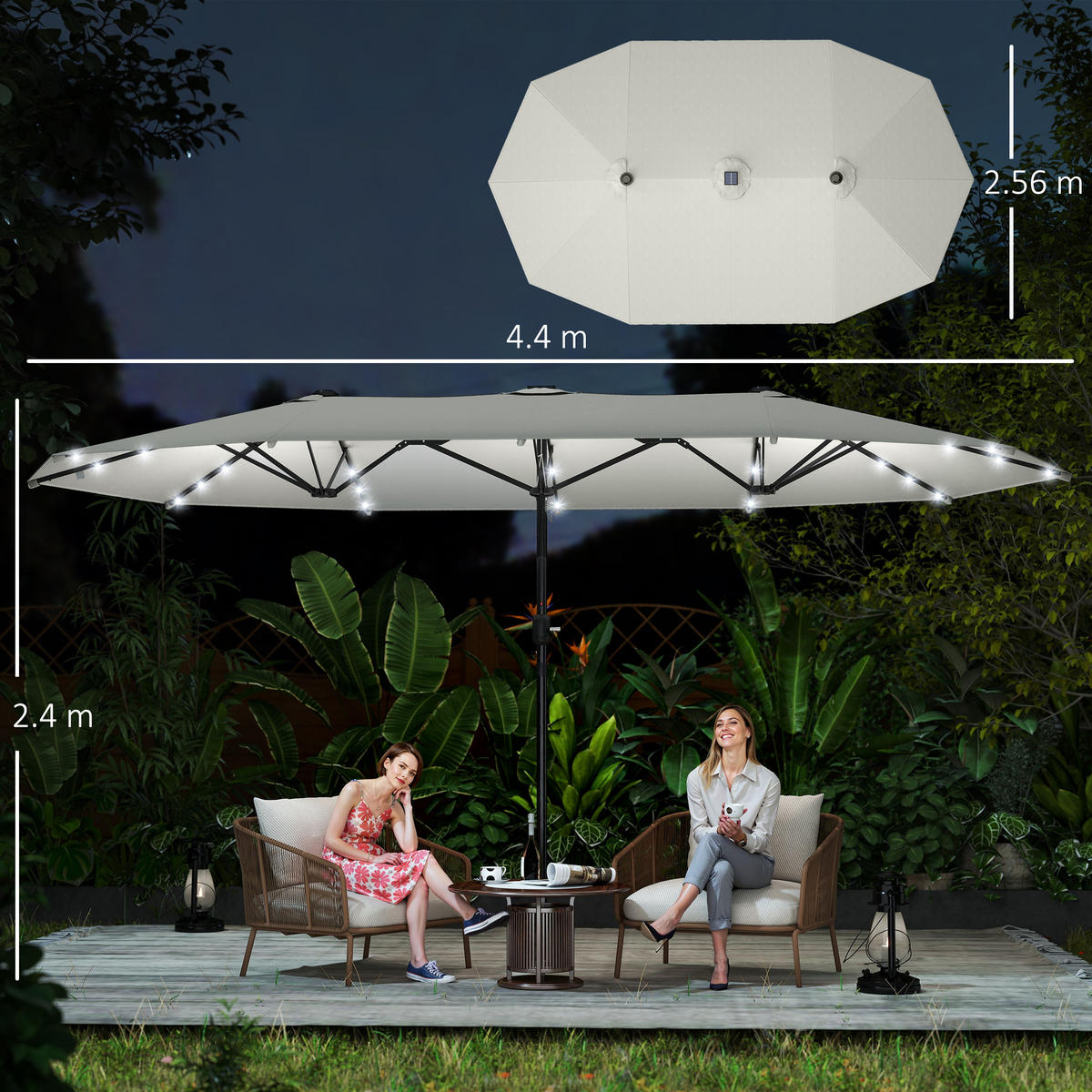 SONNENSCHIRM mit LED, Doppelsonnenschirm, Gartenschirm, Marktschirm, Oval, Metall, Cremeweiß - Weiß, Metall (440/256cm) - Outsunny