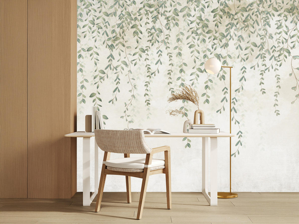 FOTOTAPETE für Wohnzimmer Blätter Pflanzen Natur 300x210 - Beige/Grün, Papier (300/210cm) - Muralo