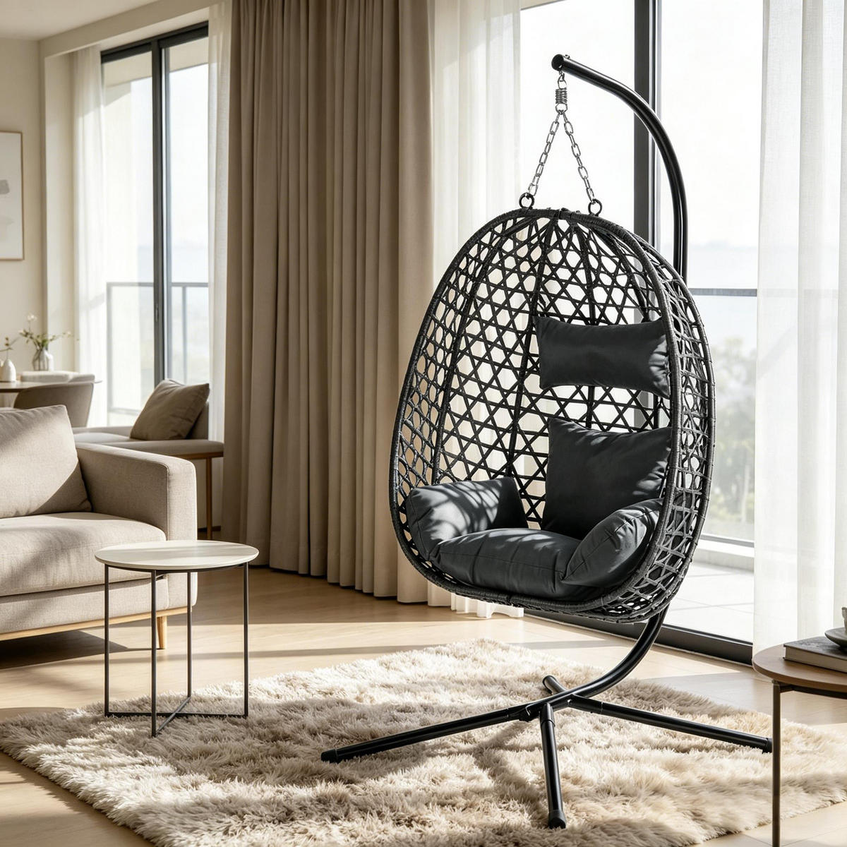 HÄNGESESSEL PE-Rattan höhenverstellbar, DE-42142, Dunkelgrau - Dunkelgrau, Metall (105/195/105cm) - ComfortXL