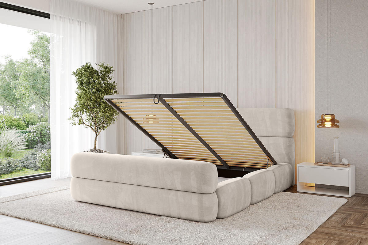 POLSTERBETT mit Bettkasten, Fußteil und Lattenrost, Bett mit Matratze H3/H4 - ELVA-Z 180x200 Beige - Beige, Holzwerkstoff/Textil (180/200cm) - ALTDECOR