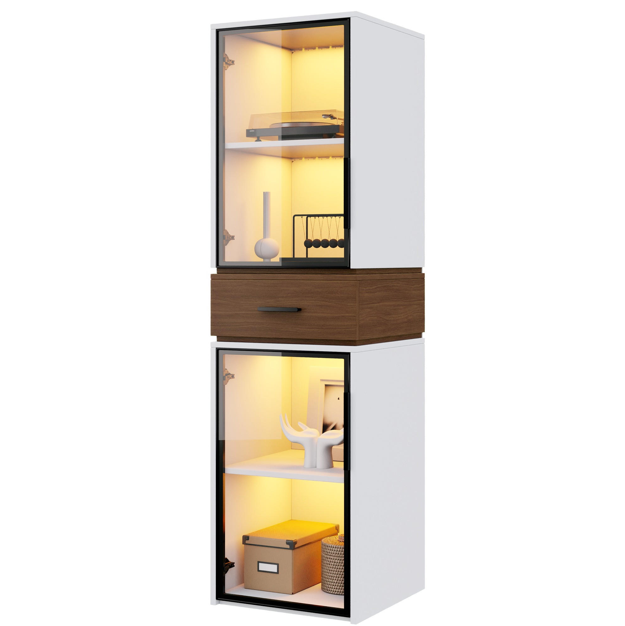 HIGHBOARD 40/40/200 cm in Weiß mit LED-Beleuchtung und Glastüren - Weiß, Holzwerkstoff (40/200/40cm) - Flora Grace