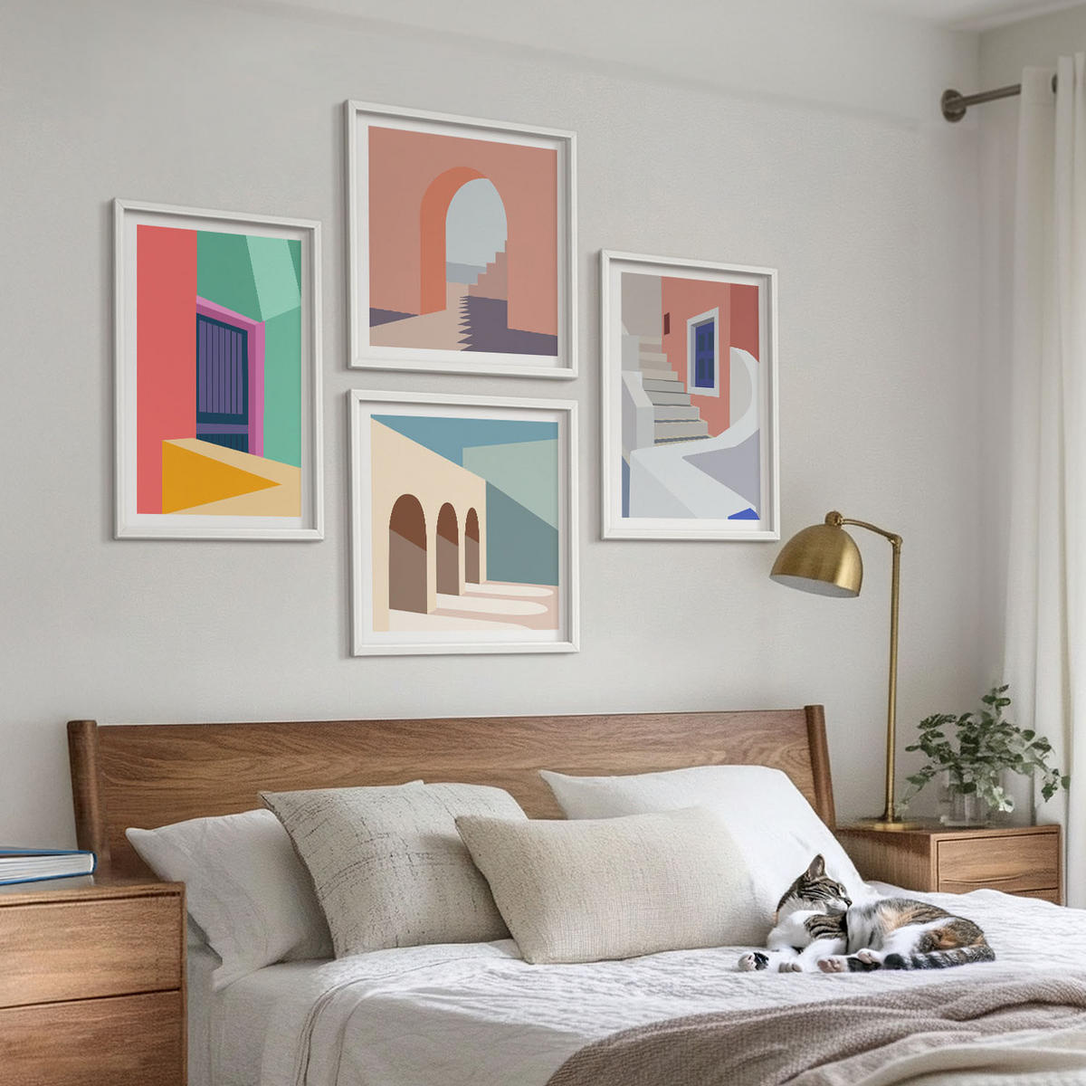BILDER SET 4er Set - 50x50 cm & 40x60 cm Weißer Rahmen - Farbenfrohe moderne Gebäude - Weiß, Kunststoff (50/50cm) - TULUP