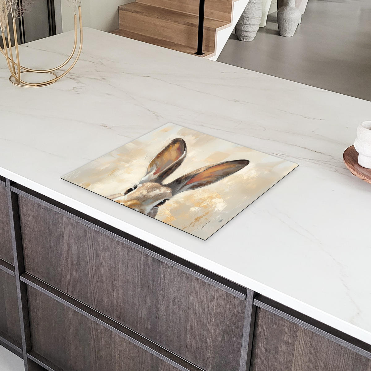 HERDABDECKPLATTE Hase - Ohren - Braun Herdabdeckung Induktionsfeld 60x52 cm - Beige, Kunststoff (60/52/0.2cm) - MuchoWow