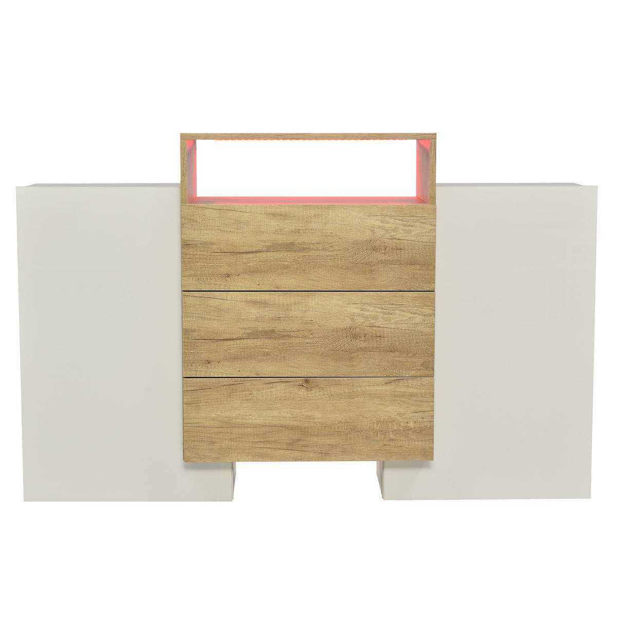 SIDEBOARD in Weiß Kommode mit LED-Lichteffekte für Wohnzimmer und Schlafzimmer, B140/T30/H77.5 cm - Weiß/Naturfarben, Holzwerkstoff/Metall (140/90.5/30cm) - STILVORA