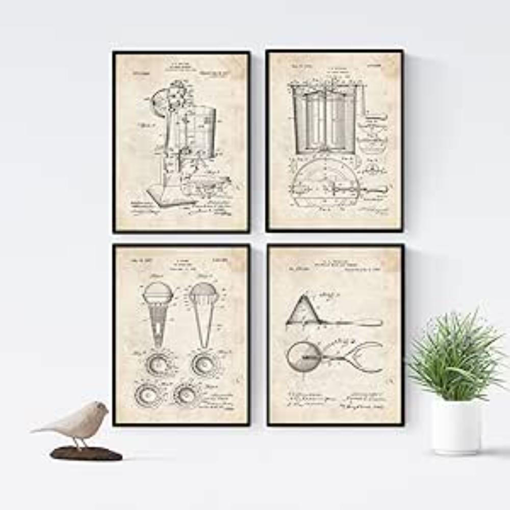 POSTER Set mit 4 Jahrgang Eismaschine Patent A4 Schwarzer Rahmen - Schwarz, Papier (29.7/3cm) - Nacnic