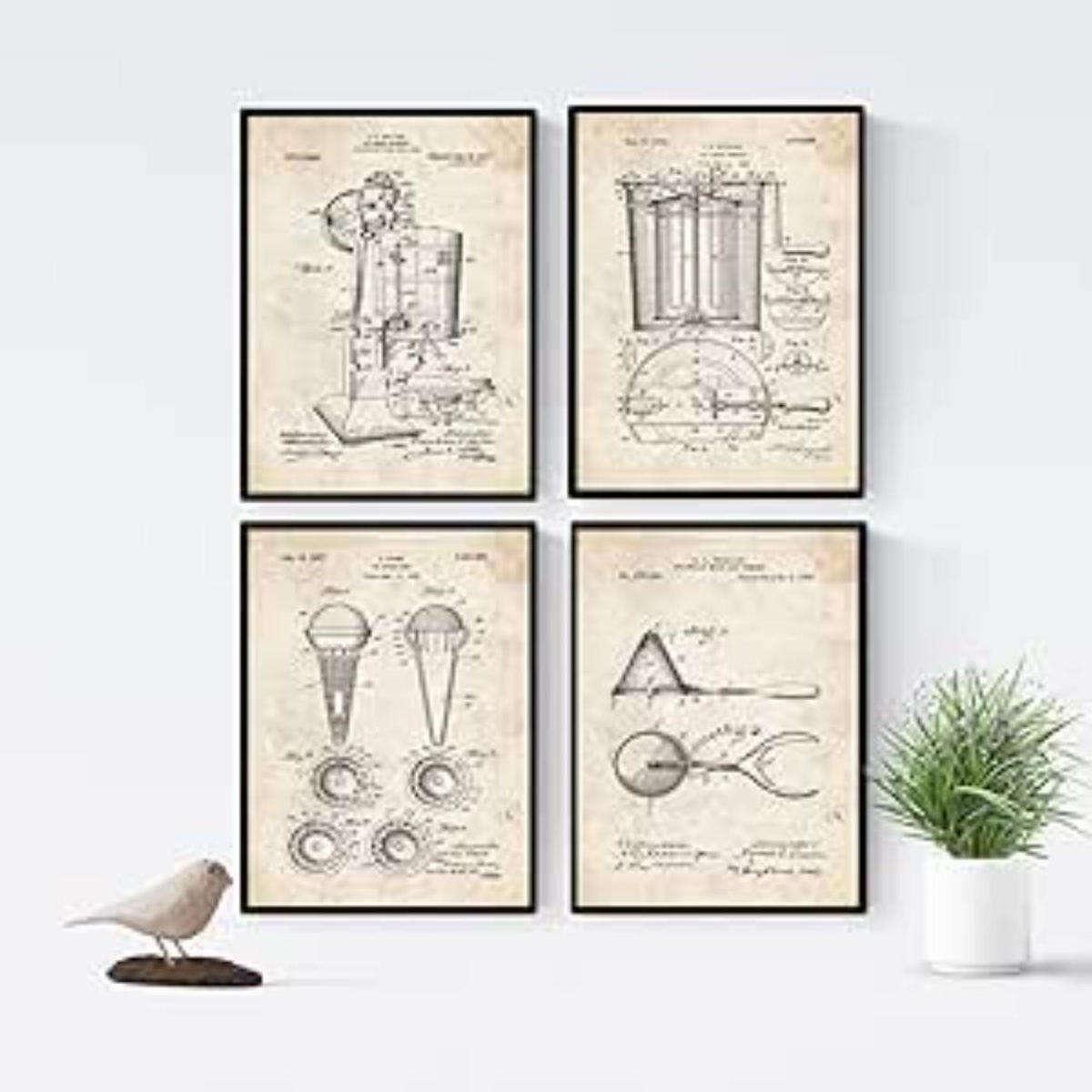 POSTER Set mit 4 Jahrgang Eismaschine Patent A4 Schwarzer Rahmen - Schwarz, Papier (29.7/3cm) - Nacnic