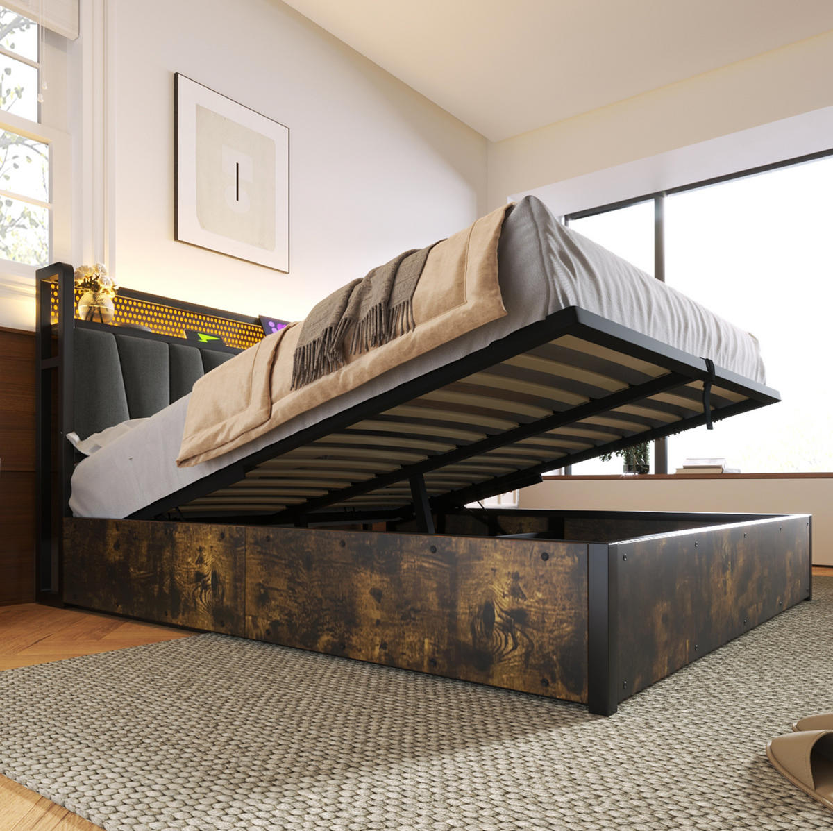 POLSTERBETT aus Leinen 140x200 cm in Grau mit LED-Kopfteil & USB - Grau, Textil (140/200cm) - Modfu