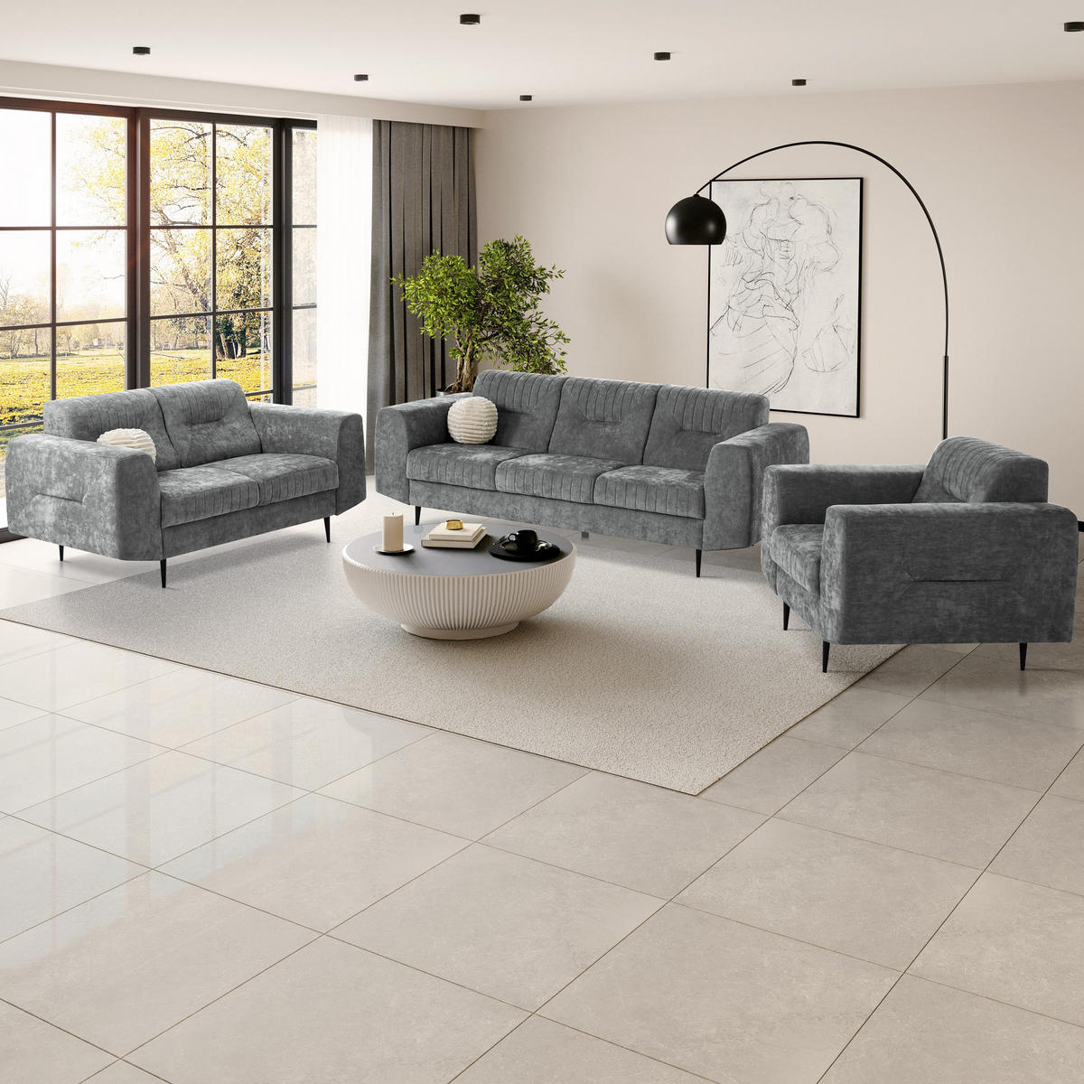 SOFA Venezia 3-Sitzer mit Metallbeinen, dunkelgrau, 233 cm - Dunkelgrau/Schwarz, Holzwerkstoff/Metall (223/85/94cm) - Beautysofa