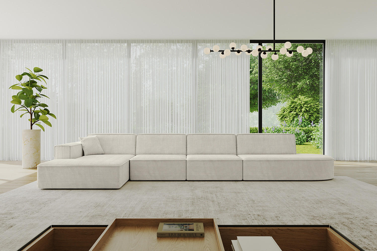 ECKSOFA Ottomane Links IREA-L3-v4 - 412x165x77 cm Hellgrau - Ecru/Champagner, Holzwerkstoff/Textil (412/165cm) - ALTDECOR