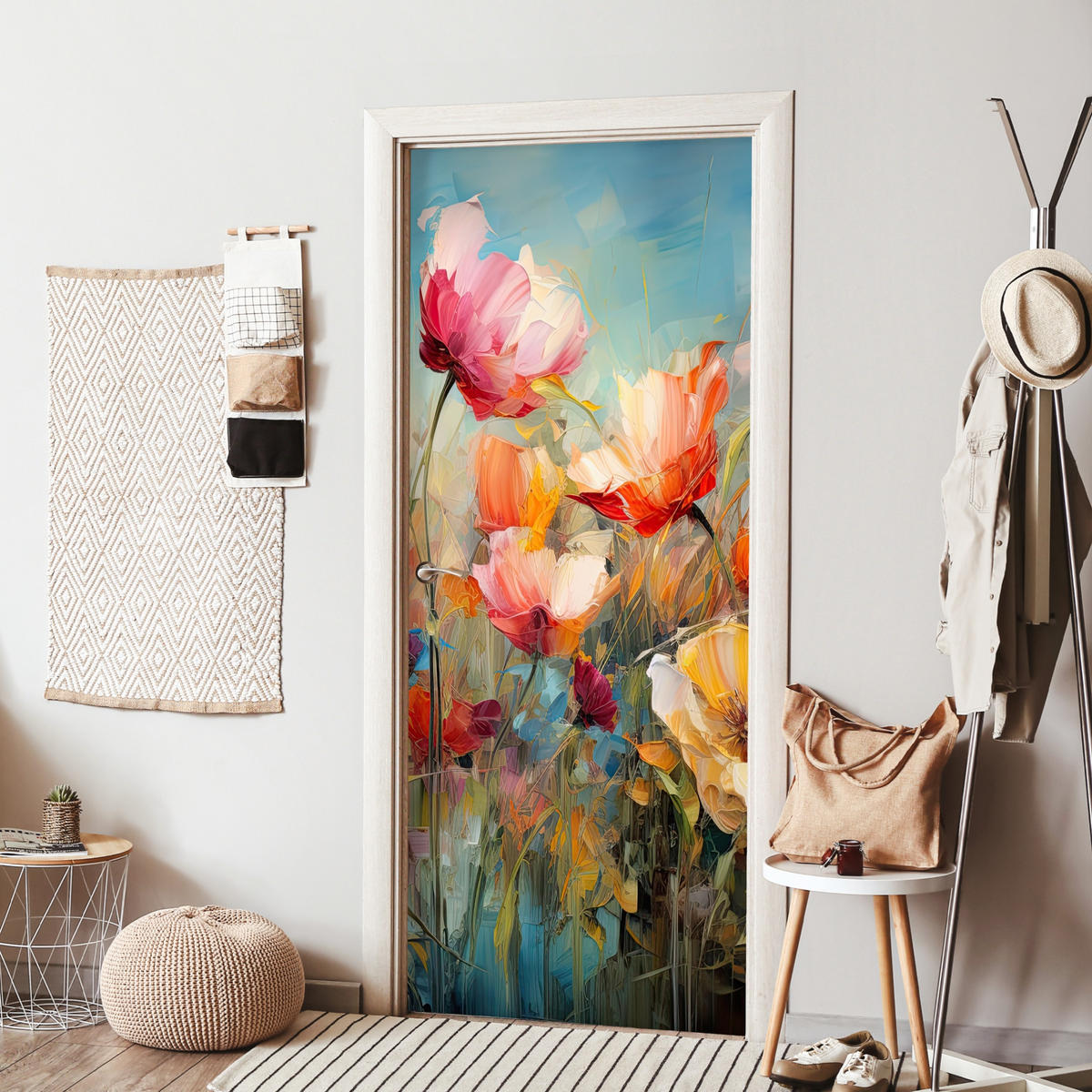 FOTOTAPETE Tür - Blumen - Aquarell - Kunst - Botanisch - Natur 75x205 cm - Orange, Kunststoff (75/0.1cm) - MuchoWow