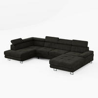 WOHNLANDSCHAFT MARRY Links Schwarz Velours-Stoff mit Schlaffunktion und zwei Bettkästen - Dunkelgrau, Holz/Metall (335/90/190cm) - Barchello