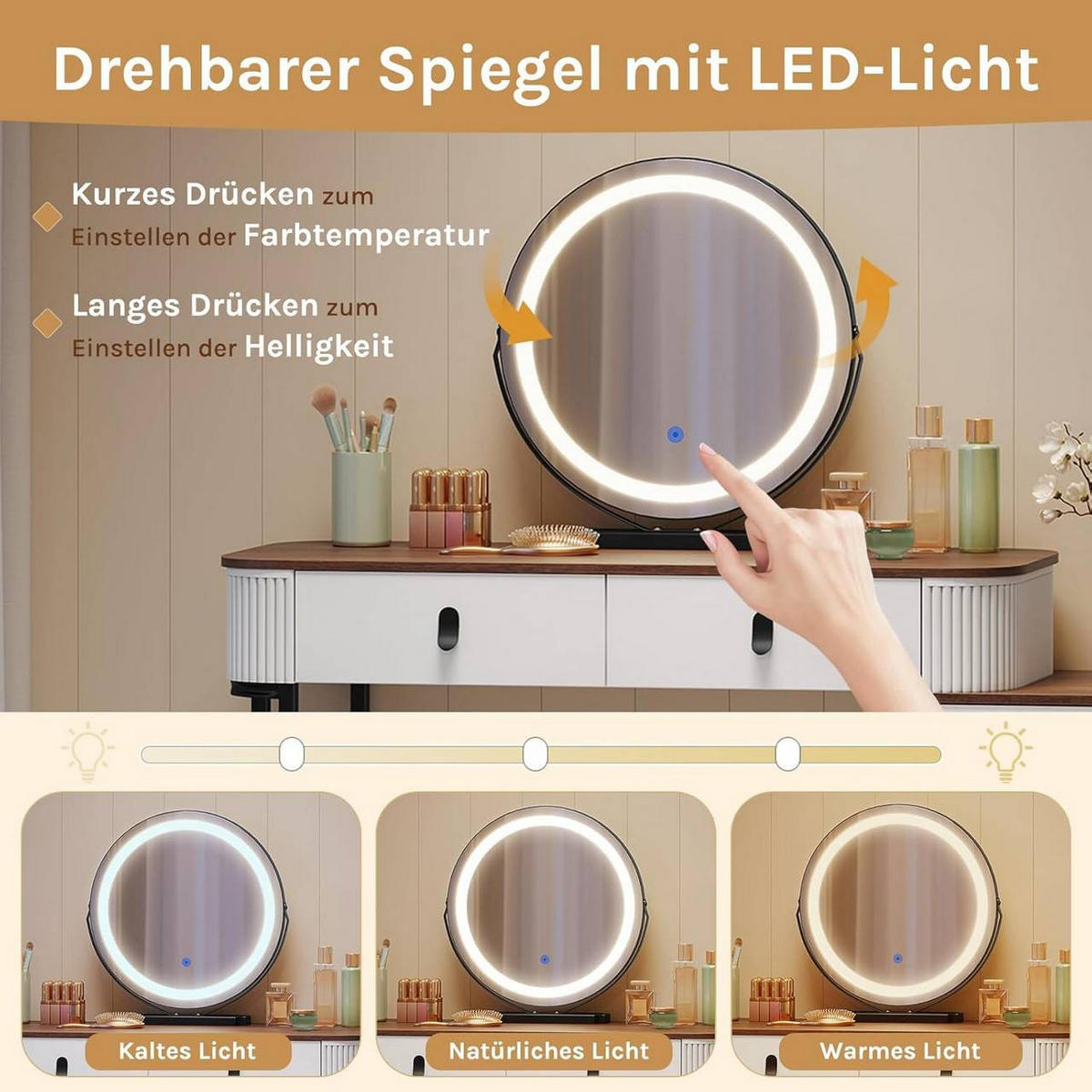SCHMINKTISCH mit LED, Spiegel, Orangebraune Holzoptik - Nussbaumfarben/Schwarz, Glas/Holz (100/126/40cm) - Woltu