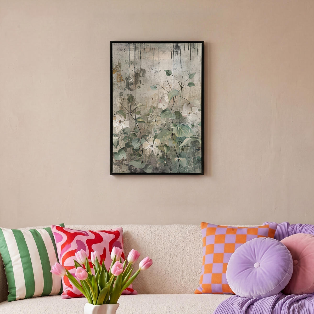 LEINWAND Bilder mit Rahmen - Blumen - Blätter - Abstrakt - Modern - 40x60 - Grau, Textil (40/60cm) - MuchoWow