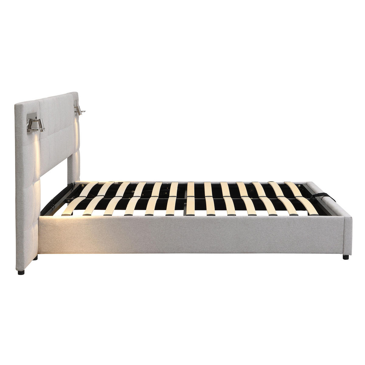 POLSTERBETT mit Stauraum 180x200 cm Leinen Grau mit USB & kabellosem Laden - Grau, Metall (180/200cm) - Meubliv