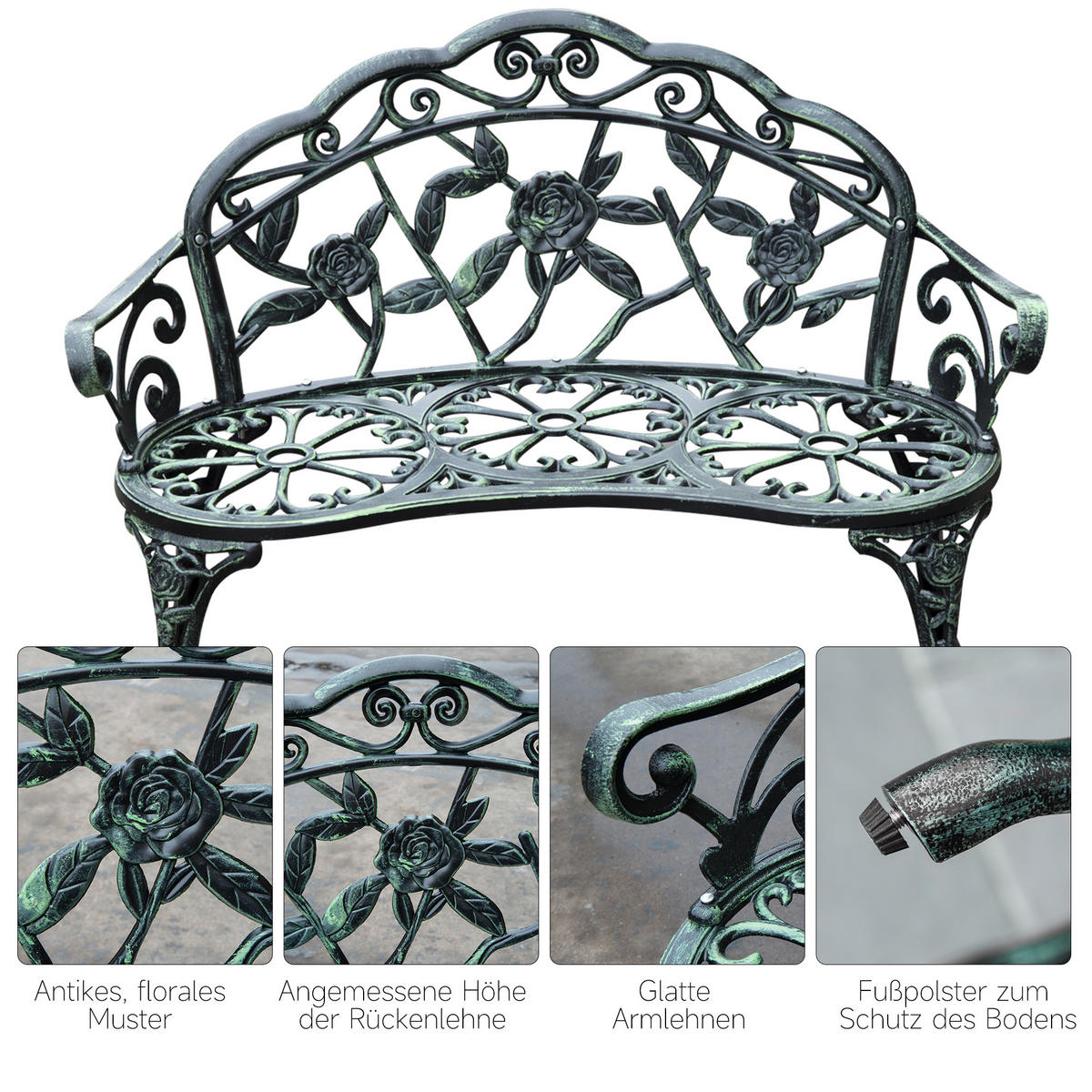 GARTENBANK, Parkbank, 100 x 54 x 78 cm, Metall, Antik Grün - Grün, Metall (100/78/54cm) - Outsunny