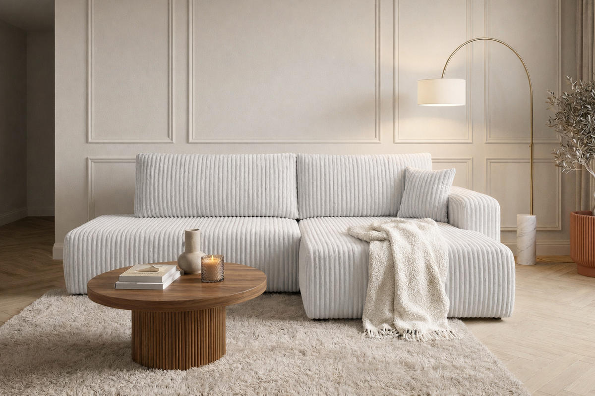 ECKSOFA Mit Schlaffunktion Und Bettkasten, Cordstoff Tilia, Grau, Rechts, OPEN XL - Grau, Holz (262/145cm) - Kaiser Möbel