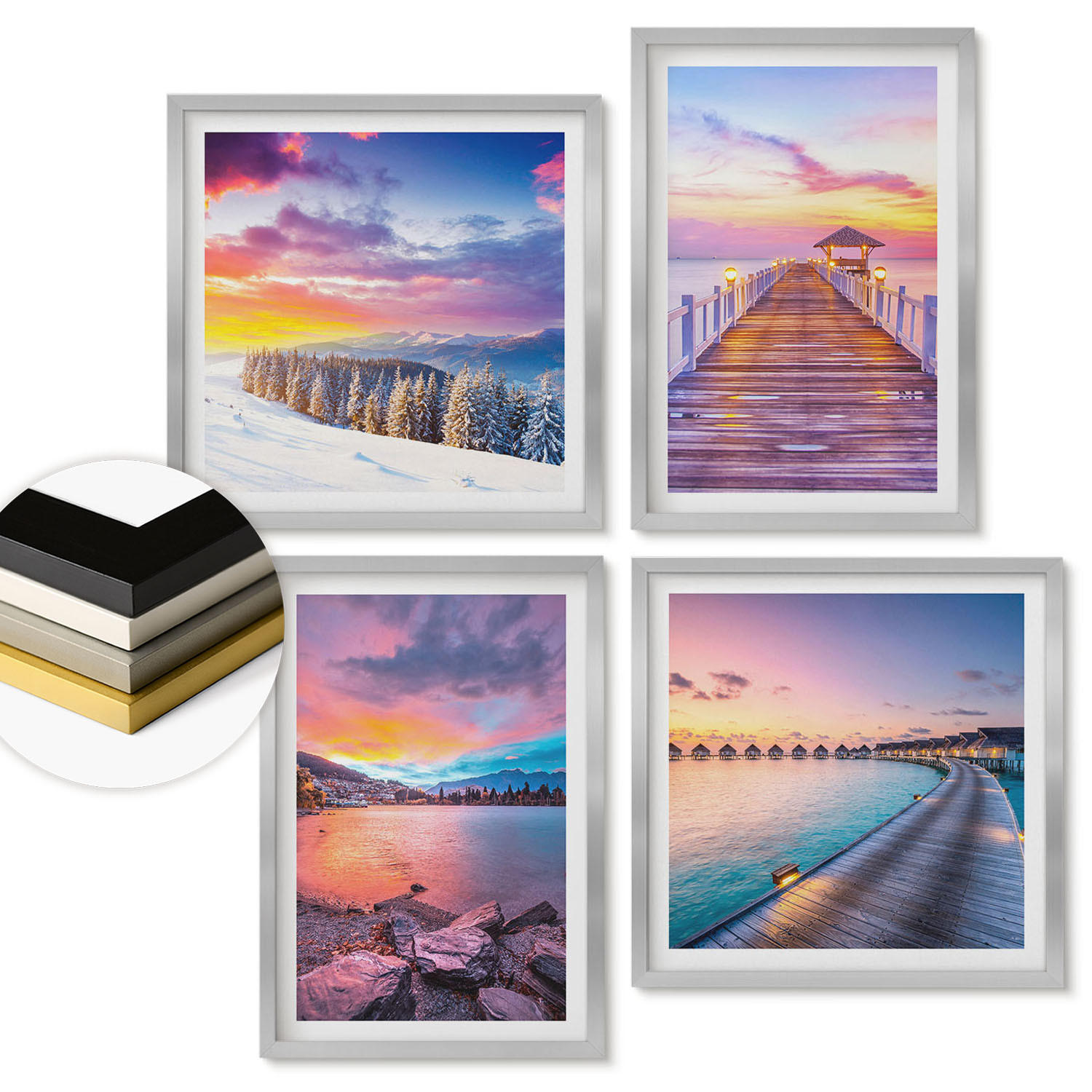 WANDBILDER 4er Set - 50x50 cm & 40x60 cm Silberner Rahmen - Winterlandschaft des Pierbergs - Silberfarben, Kunststoff (50/50cm) - ArtPrintCave