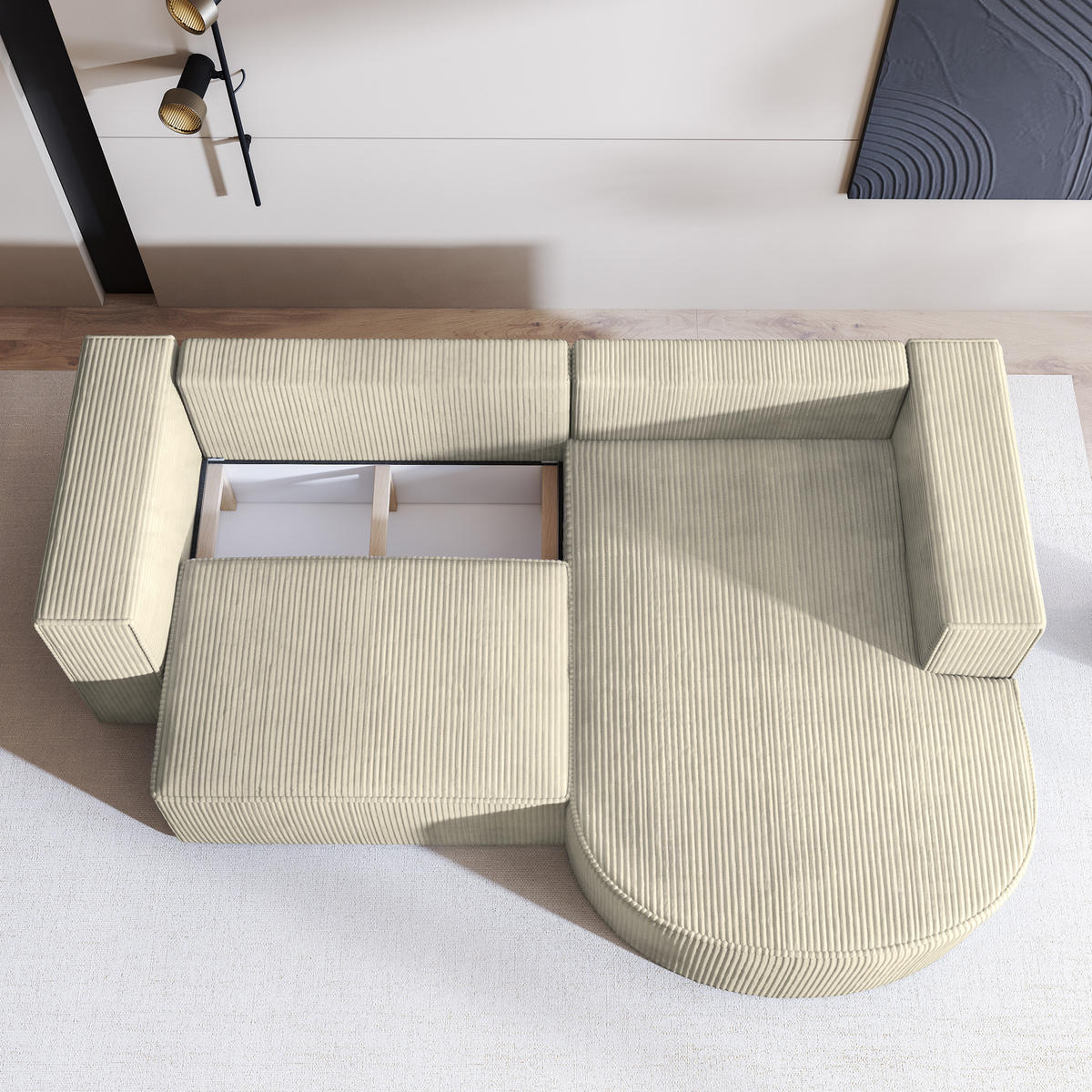 ECKSOFA SORELA P R-S Creme Kordstoff mit Schlaffunktion - Creme, Holz (263/174cm) - MASSENO