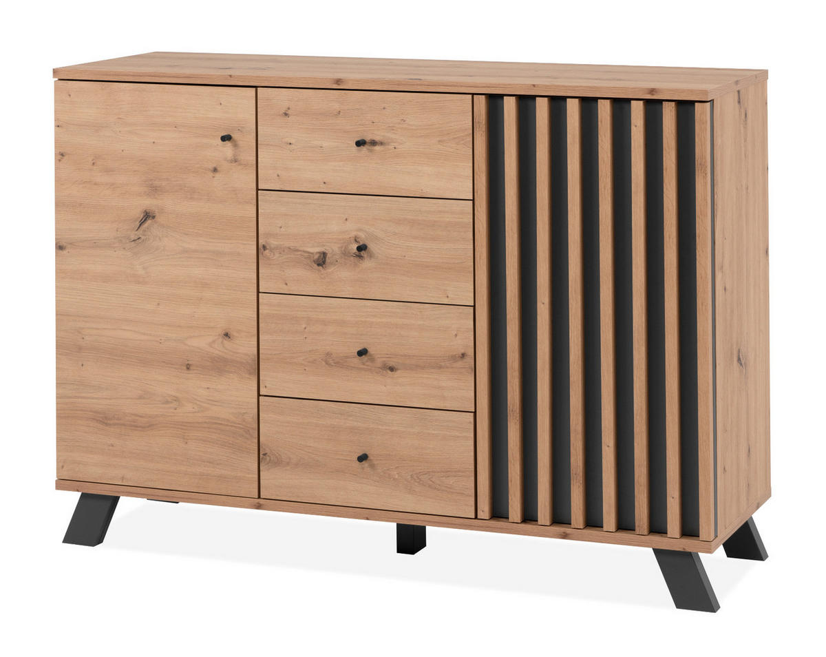 KOMMODE Eiche Artisan, grau 120 cm, Sideboard mit 3D-Lamellen - Anthrazit/Schwarz, Holzwerkstoff/Metall (120/85/38cm) - Furn.Design