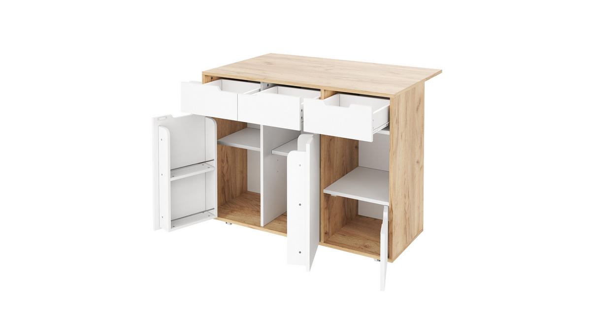Modfu SCHRANK/SIDEBOARD 120x46x85cm Weiß mit 360°Rollen, Schubladen ...