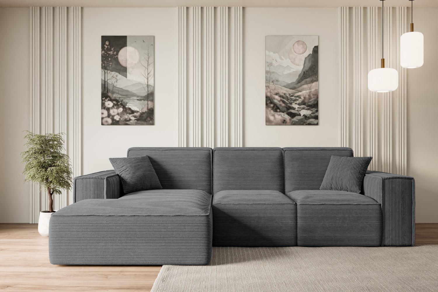 ECKSOFA Ottomane Links SERRA-L - 266x165x73 cm Dunkelgrau Cord - Dunkelgrau/Schwarz, Holzwerkstoff/Kunststoff (165/266cm) - ALTDECOR