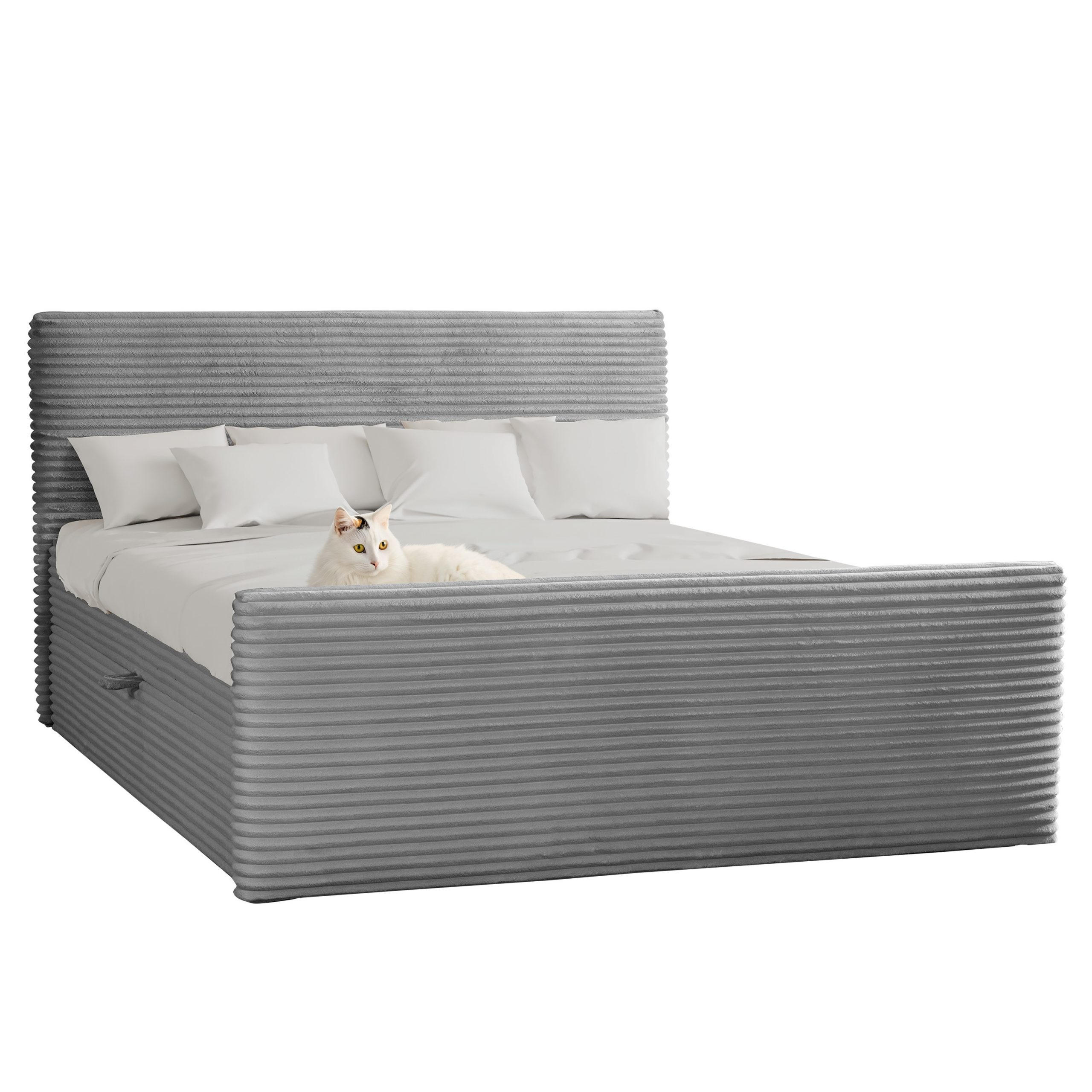 BOXBETT Mit Bettkasten Und Topper TRENTO Stoff Plüsch Cord 120x200 cm Grau H3-Bonell - Grau, Holz/Textil (129/200cm) - Kaiser Möbel