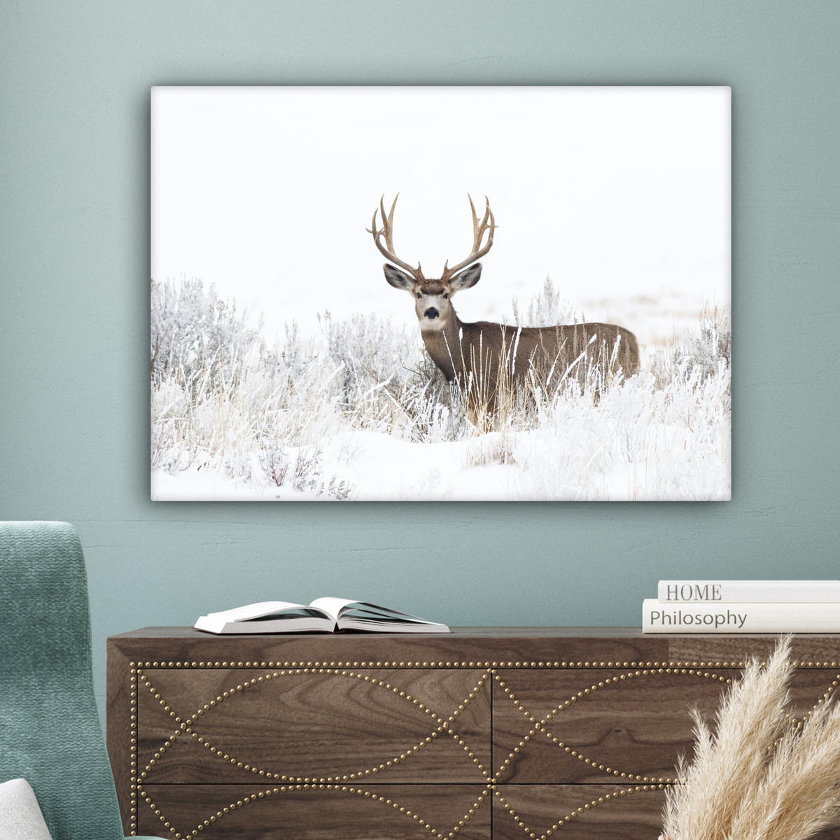 LEINWANDBILD Hirsche - Winter - Schnee - Tiere - Jahreszeiten - Weiß Wandbilder 80x60 cm - Hellbraun, Textil (80/60cm) - MuchoWow