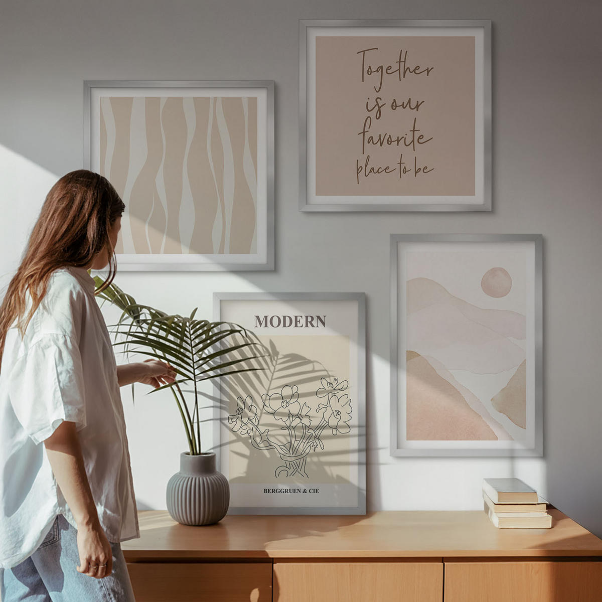 BILDER SET 4er Set - 50x50 cm & 40x60 cm Silberner Rahmen - Abstrakte Formen und Farben - Silberfarben, Kunststoff (50/50cm) - TULUP