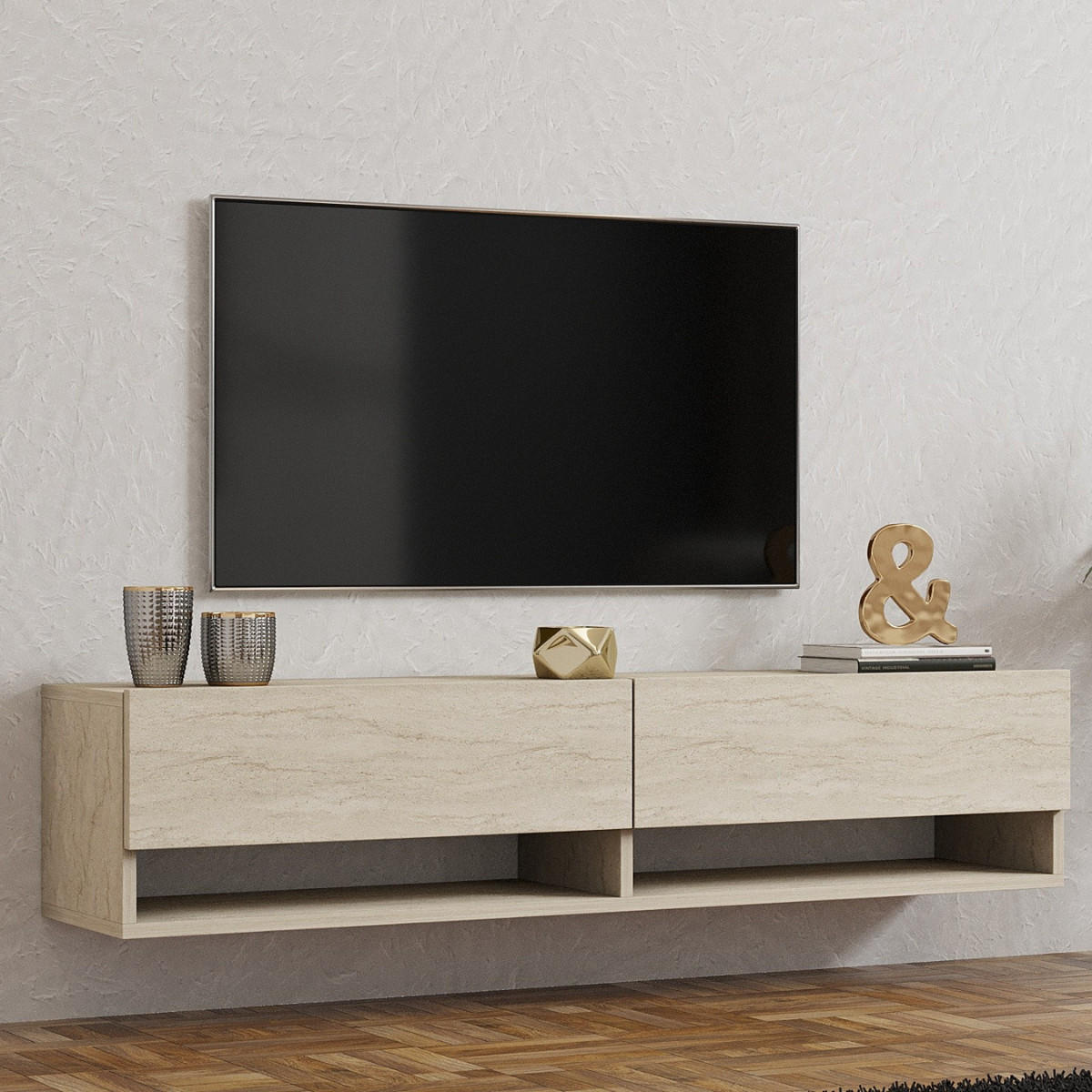 TV-MÖBEL mit 2 klapptüren travertin-dekor arges 141/30/31 cm - Beige, Holzwerkstoff (35/31/30cm) - Calicosy