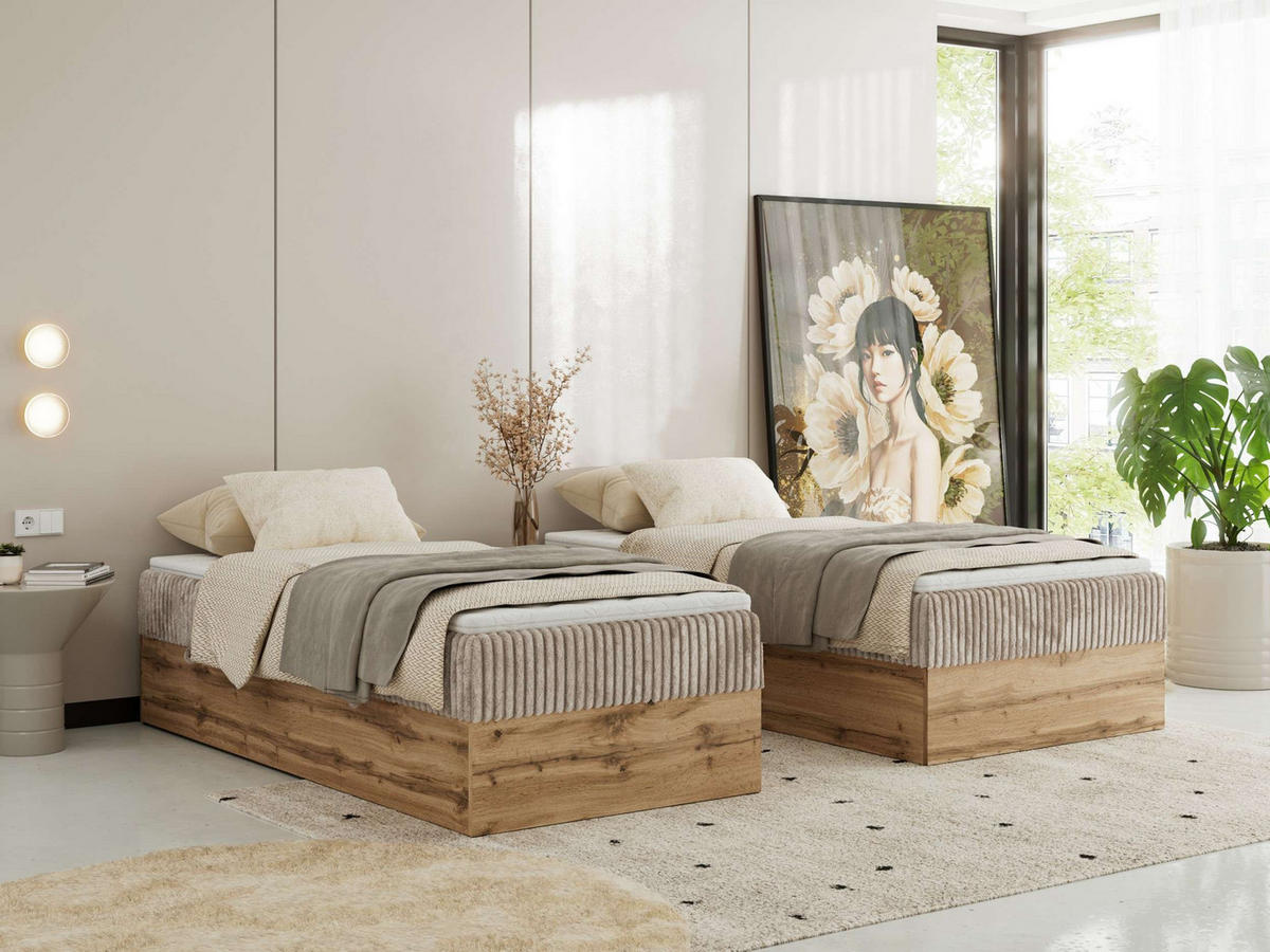 BOXBETT WOOD ZERO 90/200 - Hellbraun Cord - H3 - Topper Visco - Hellbraun, Textil (90/200cm) - MKS