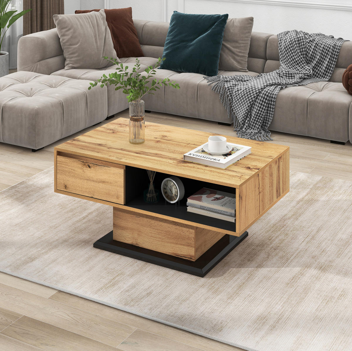 COUCHTISCH aus Spanplatte 100x47x60 cm in Natur mit doppelseitigem Stauraum - Naturfarben, Holzwerkstoff (100/47/60cm) - Modfu