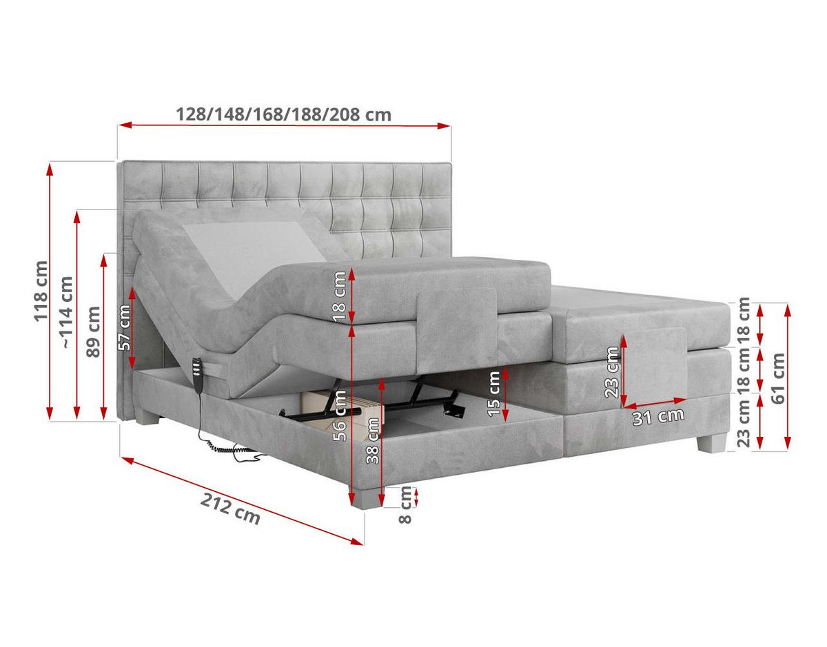 BOXBETT ELEKTRO 140/200 Hellgrau Velvet - H3 - Hellgrau, Holz/Textil (140/200cm) - MKS