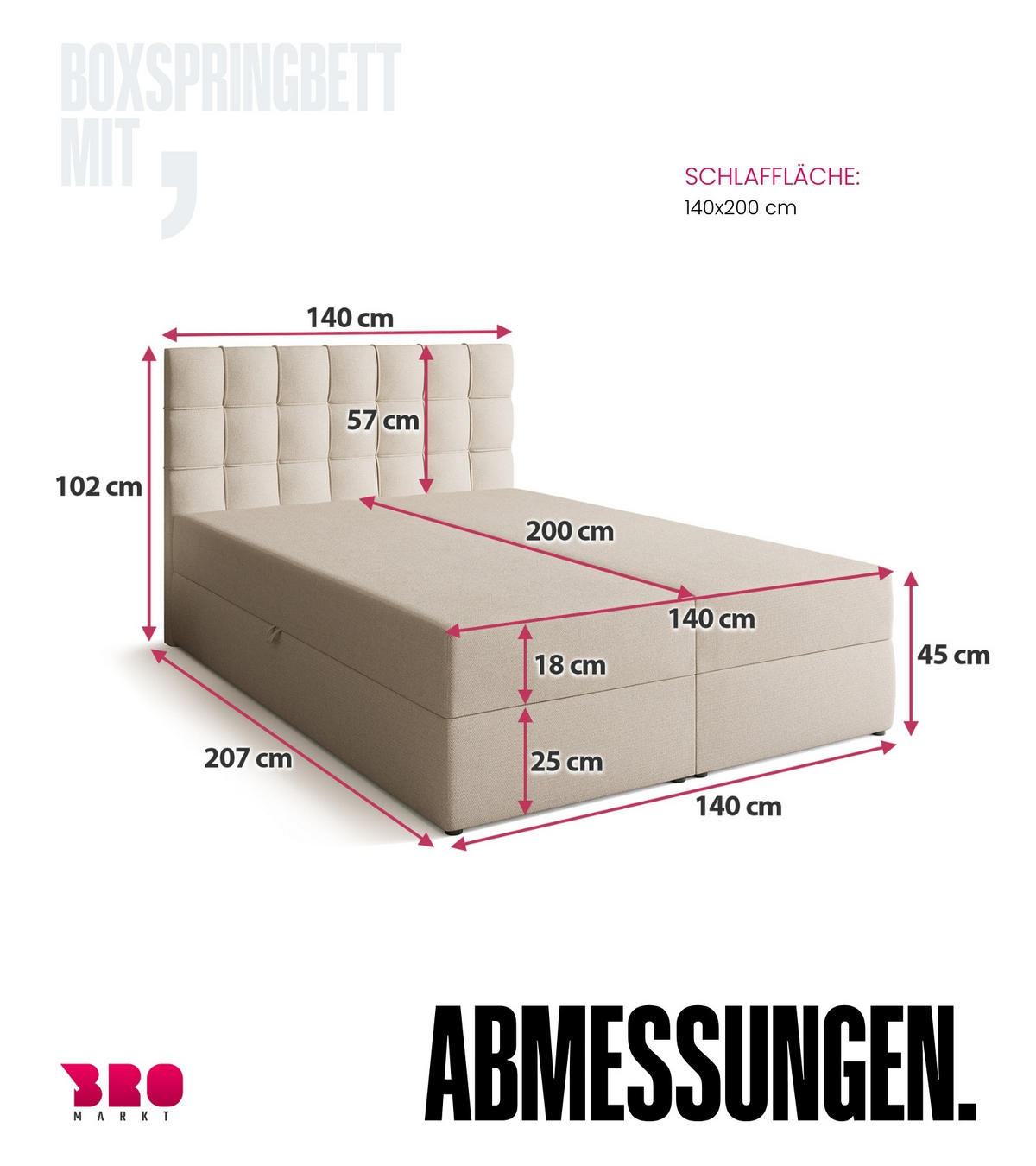 BOXBETT Detroit mit Topper 140/200 Ecru - Ecru, Holzwerkstoff/Textil (140/200cm) - Bromarkt