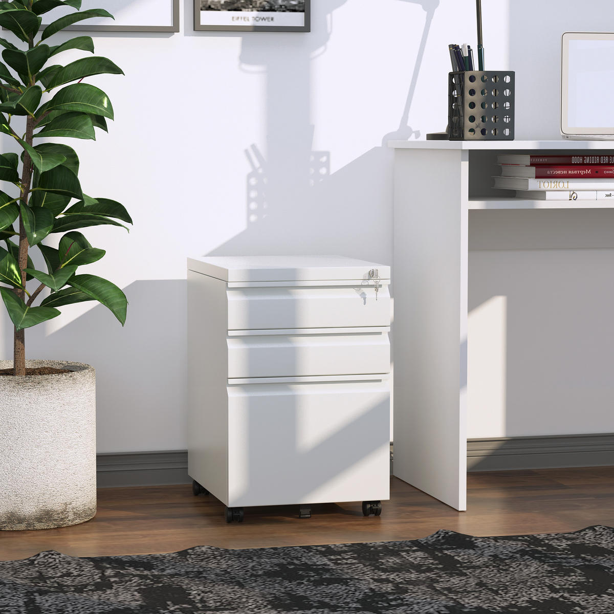 AKTENSCHRANK mit Rädern, konkavem Griff, für Home-Office, Stahl, Weiß - Weiß, Metall (48/60/39cm) - Vinsetto