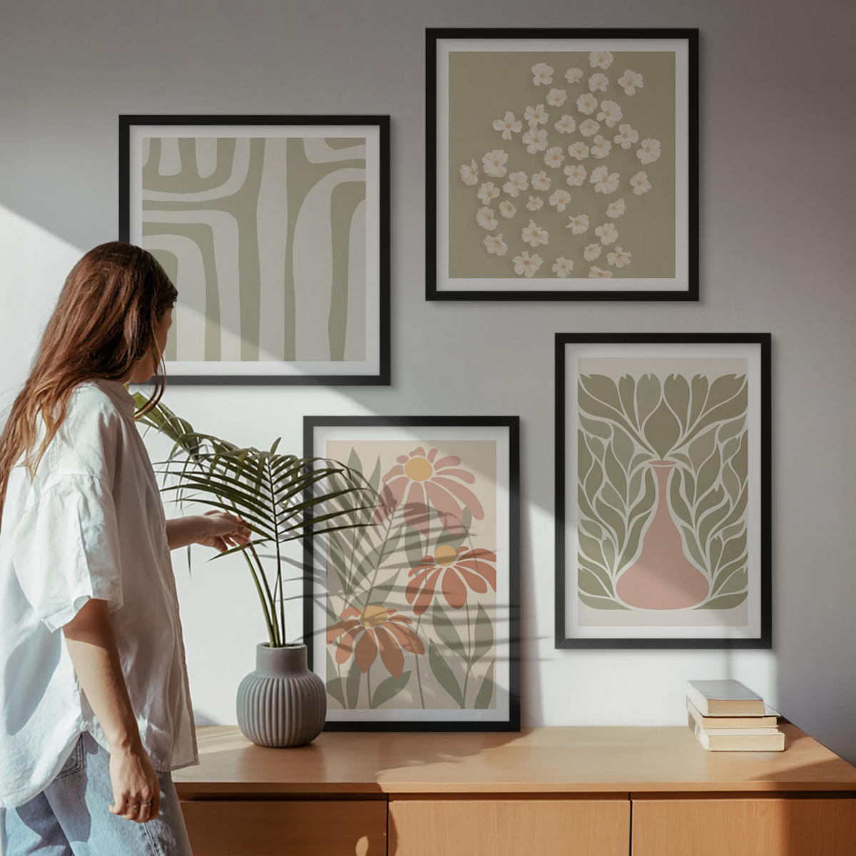 WANDBILDER 4er-Set - 50x50 cm & 40x60 cm Schwarzer Rahmen - Floraler minimalistischer Boho-Stil - Schwarz, Kunststoff (50/50cm) - ArtPrintCave