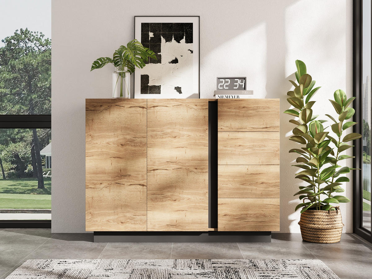 SIDEBOARD Natural+Black 120/35.5/90.5 cm mit 4 Schubladen und 2 Türen - Naturfarben, Holzwerkstoff (120/90.5/35.5cm) - PANGIVO