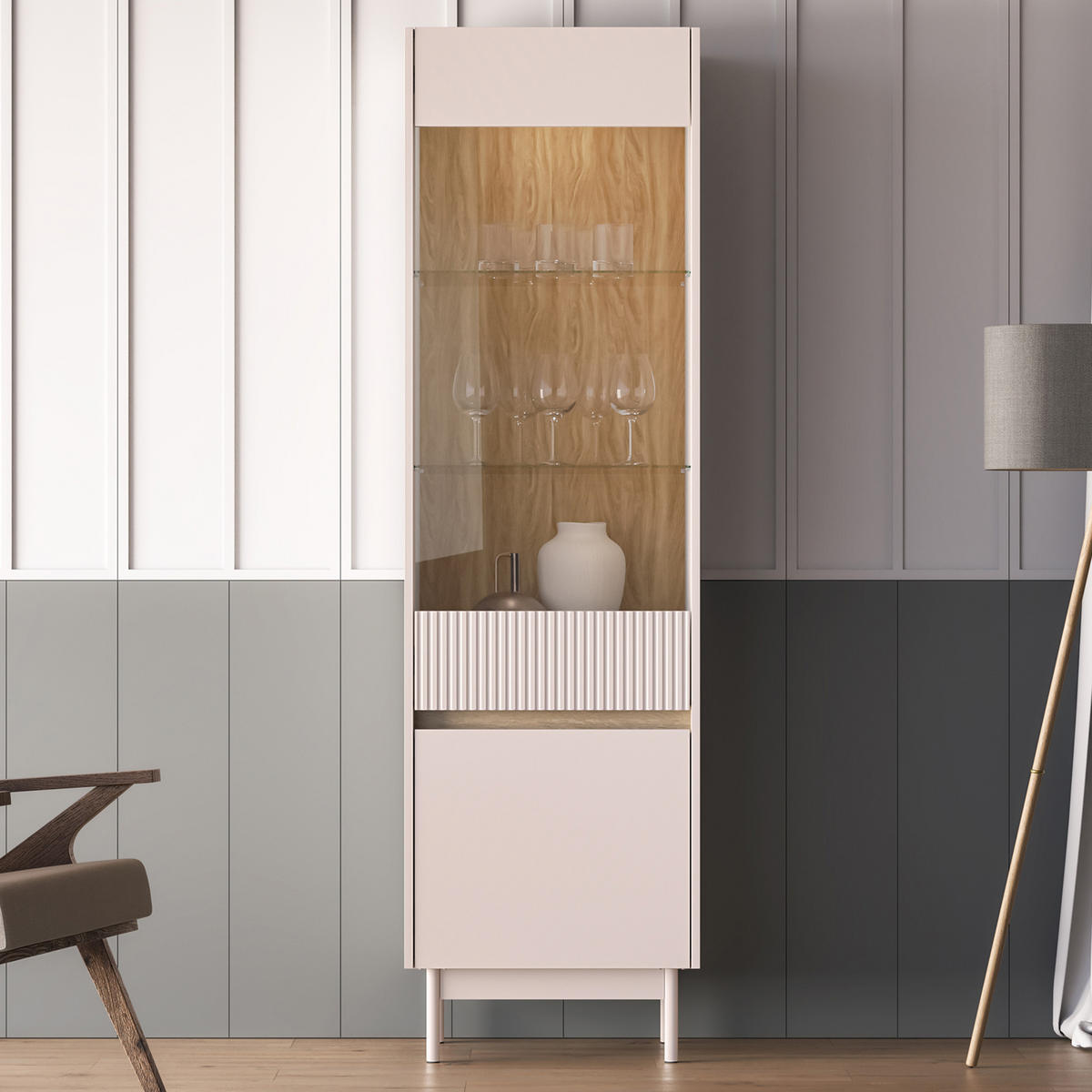 VITRINENSCHRÄNK NALIA, Vitrine, Creme/Eiche - Eichefarben/Creme, Glas/Holzwerkstoff (55/193/40cm) - KONSIMO®