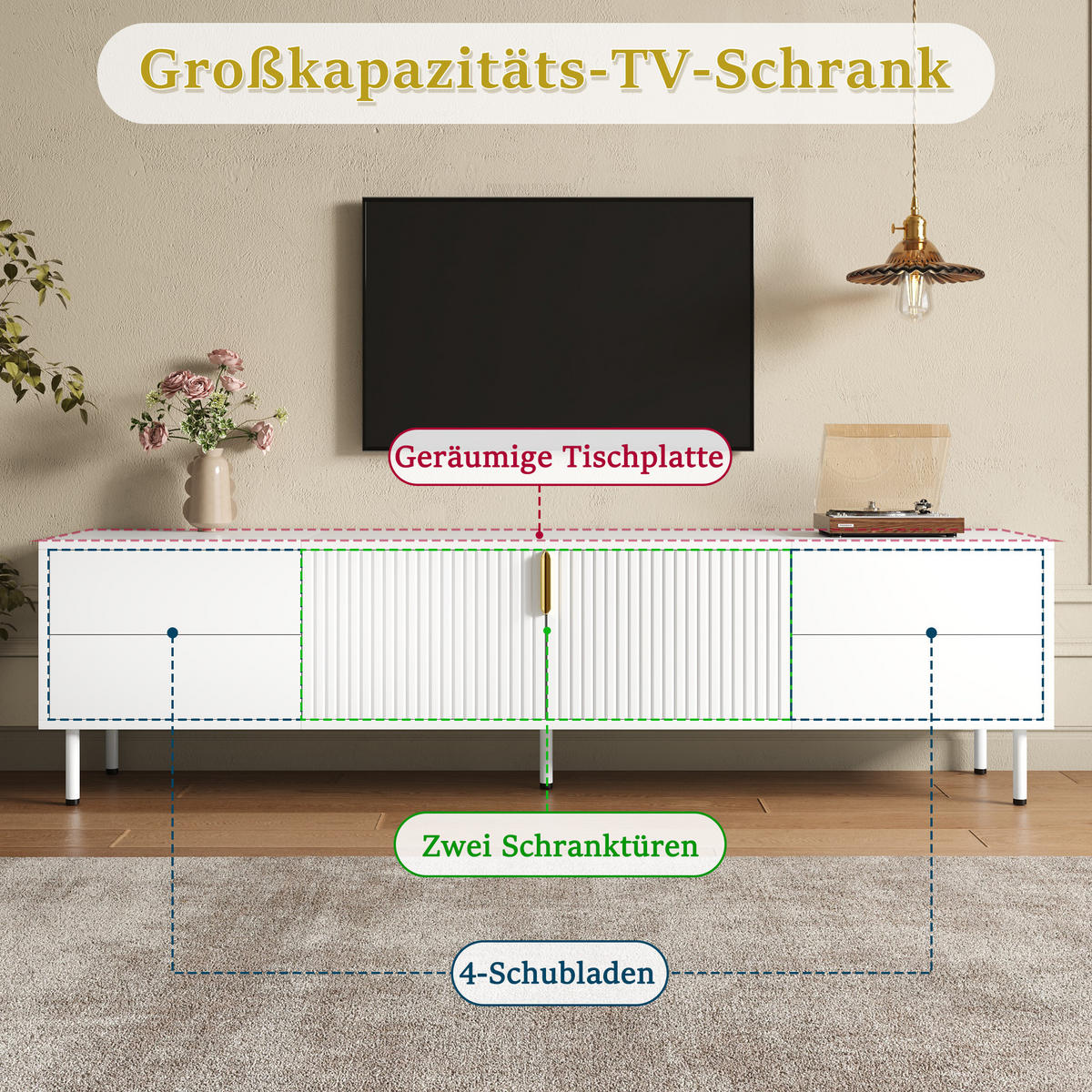 LOWBOARD DE-40166 mit Riffeltüren und Push-to-Open-Schubladen Weiß - Weiß, Holzwerkstoff (180/49.5/40cm) - ComfortXL