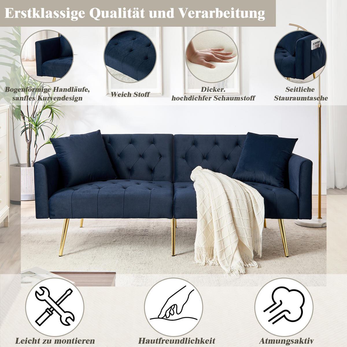 SCHLAFSOFA 177/78/74 cm in Blue Samt mit Aufbewahrungstasche - Blau, Textil (78/74/177cm) - Oxeza