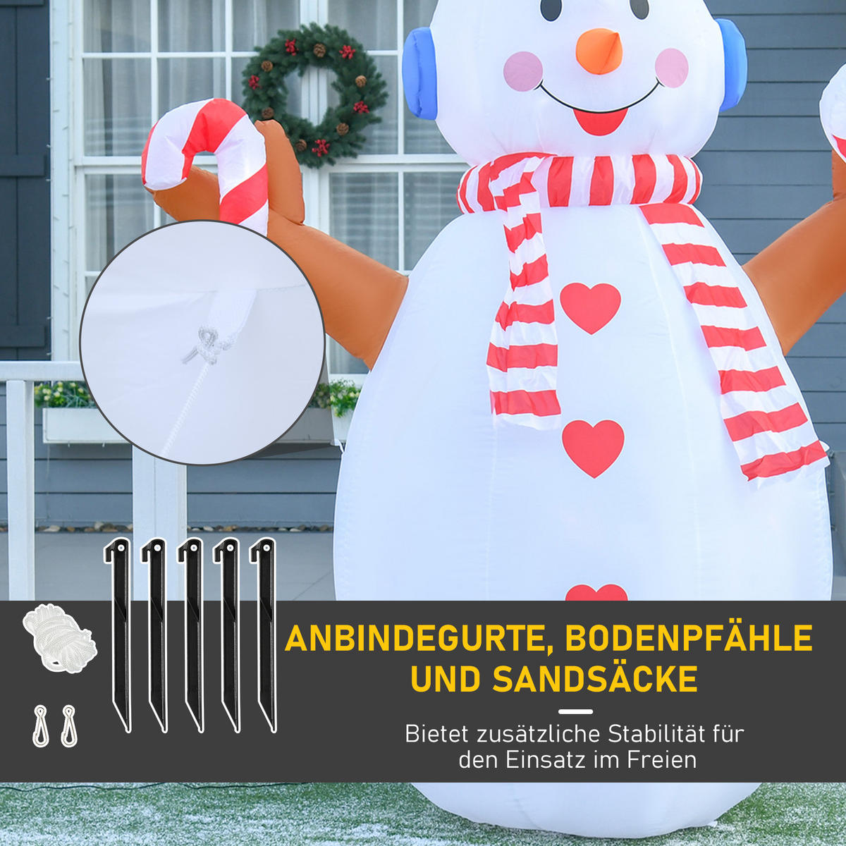 AUFBLASBARER Schneemann, Polyestertuch, Weiß+Rot - Multicolor, Kunststoff (100/240/180cm) - HOMCOM