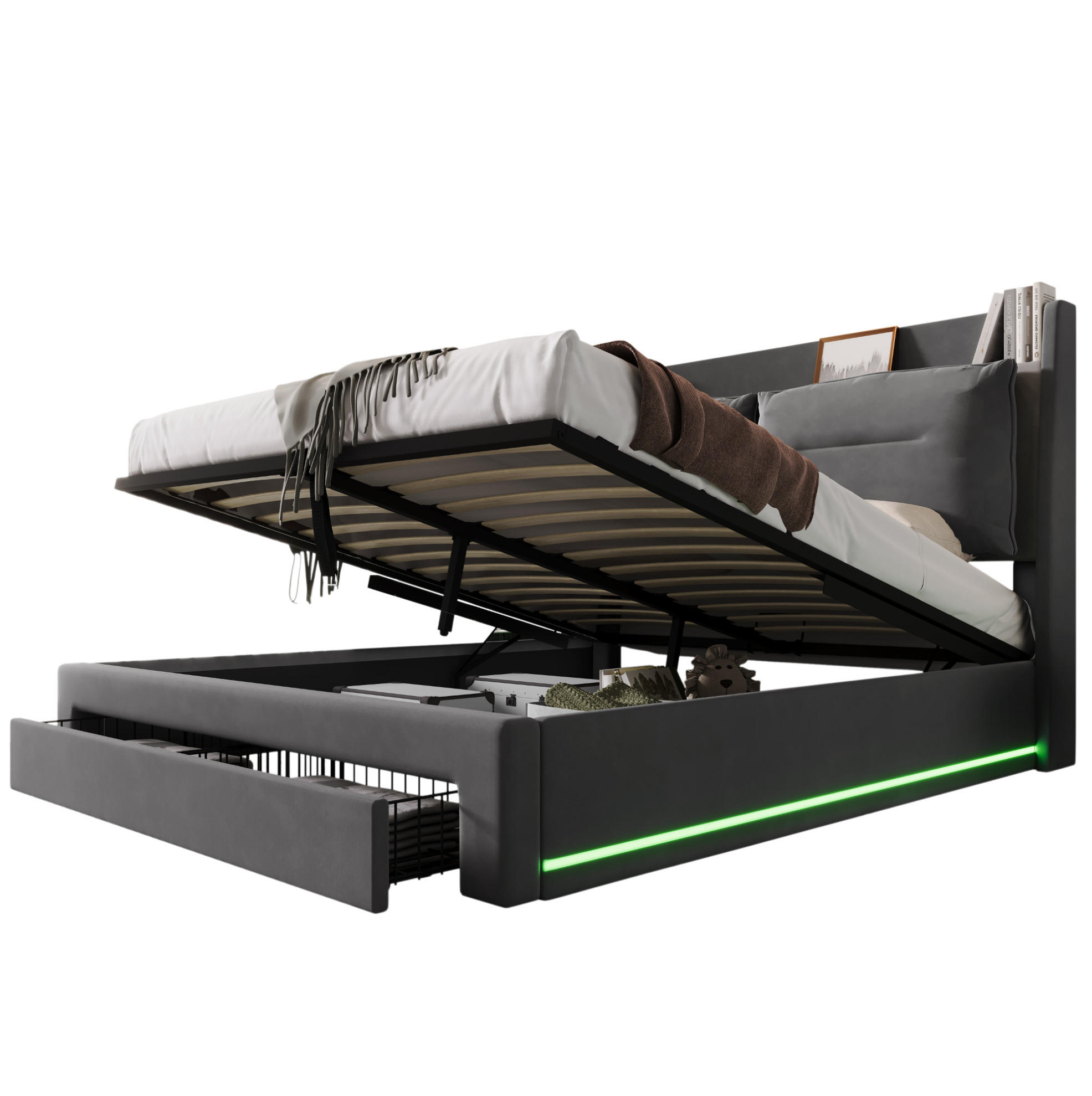 POLSTERBETT 160/200 cm mit LED-Beleuchtung & hydraulischem Bettkasten, Dunkelgrau - Dunkelgrau, Textil (160/200cm) - Redom